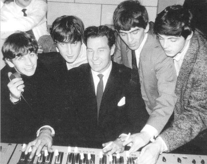 Norman Smith in the recording studio with The Beatles